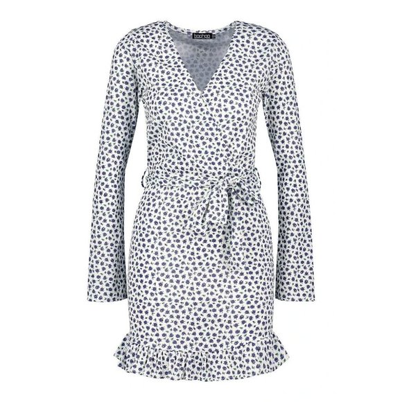 Boohoo Dress White Ditsy Floral Long Sleeve V Neck Belted Ribbed - Picture 3 of 11